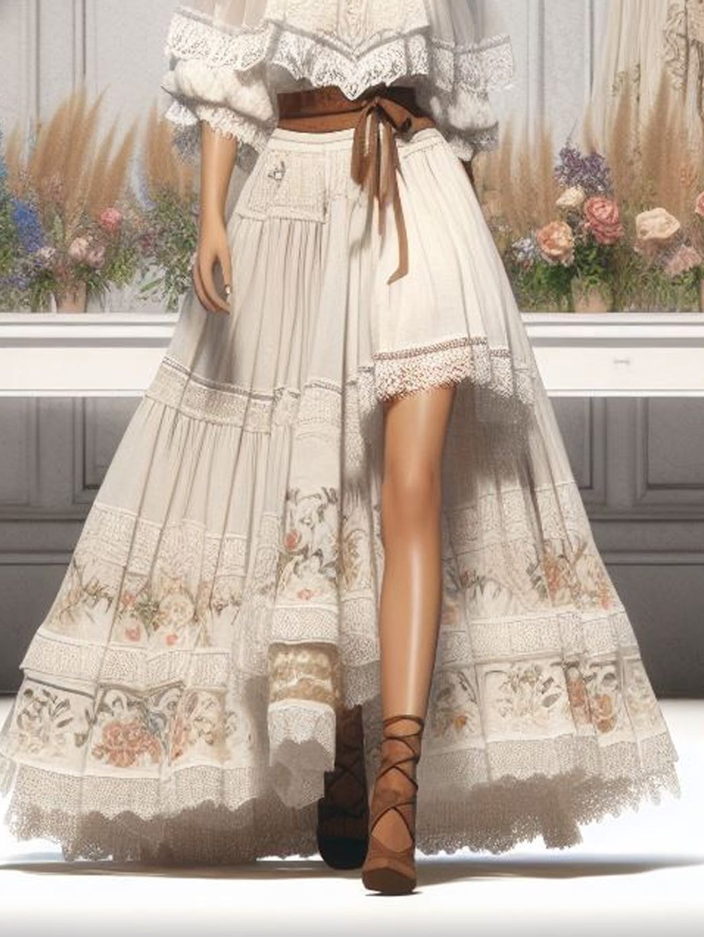 Off Shoulder Puff Sleeve Lace Ruffled Floral Print Maxi Dress