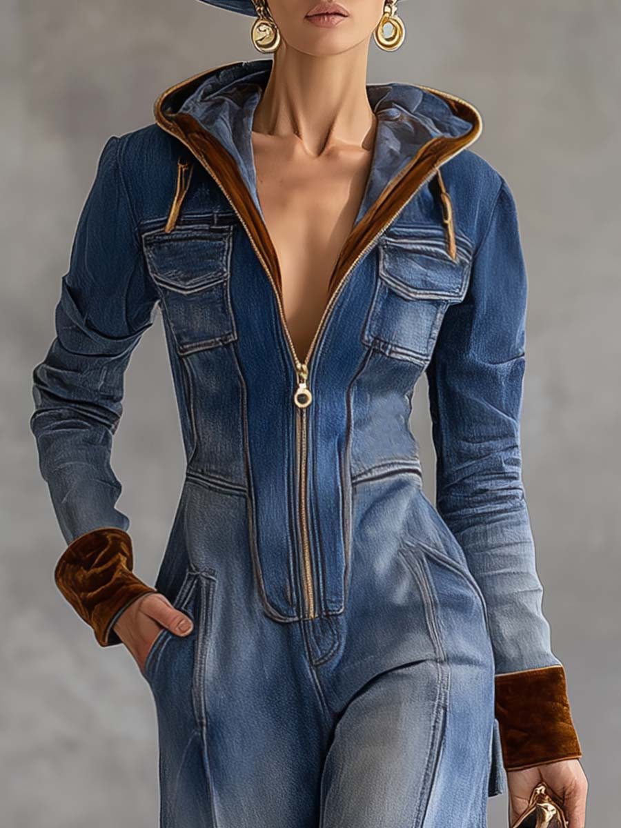 Ursiime Daily Velvet Blue Patchwork Hooded Long Sleeve Zipper Vintage Pocket Denim Jumpsuits [Pre-Order]