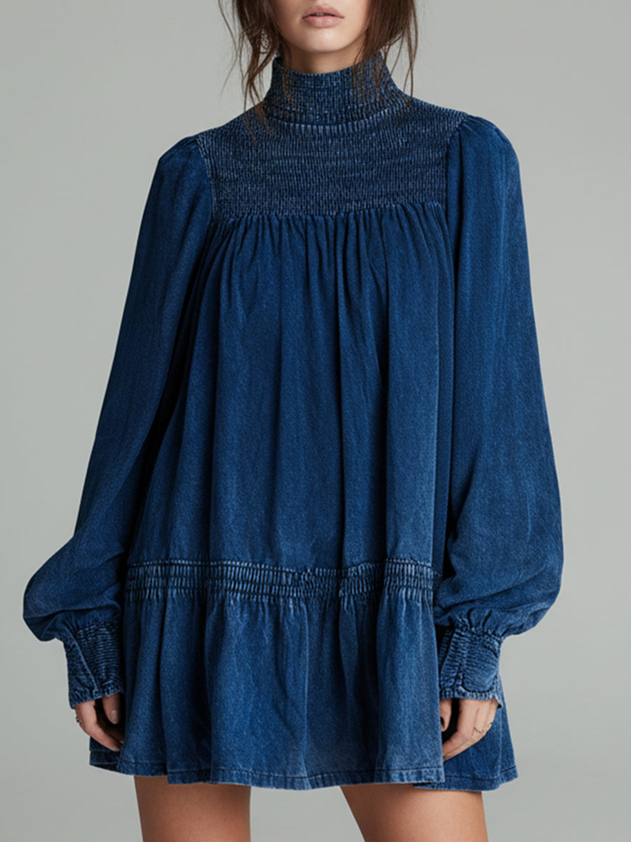 Ursiime Daily Blue Mock Neck Lantern Sleeve Long Sleeve Smocking Casual Denim Mini Dresses