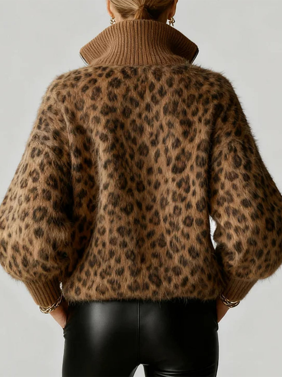 Ursiime Daily Brown Leopard High Collar Long Sleeve Zipper Vintage Sweaters [Pre-Order]