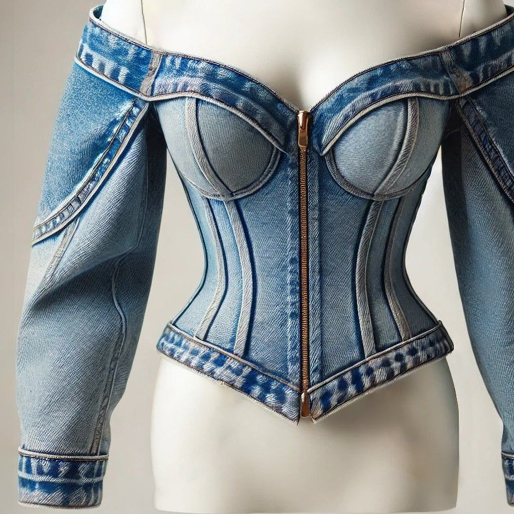 Ursiime Denim Off The Shoulder Zip Up Long Sleeve Blouse