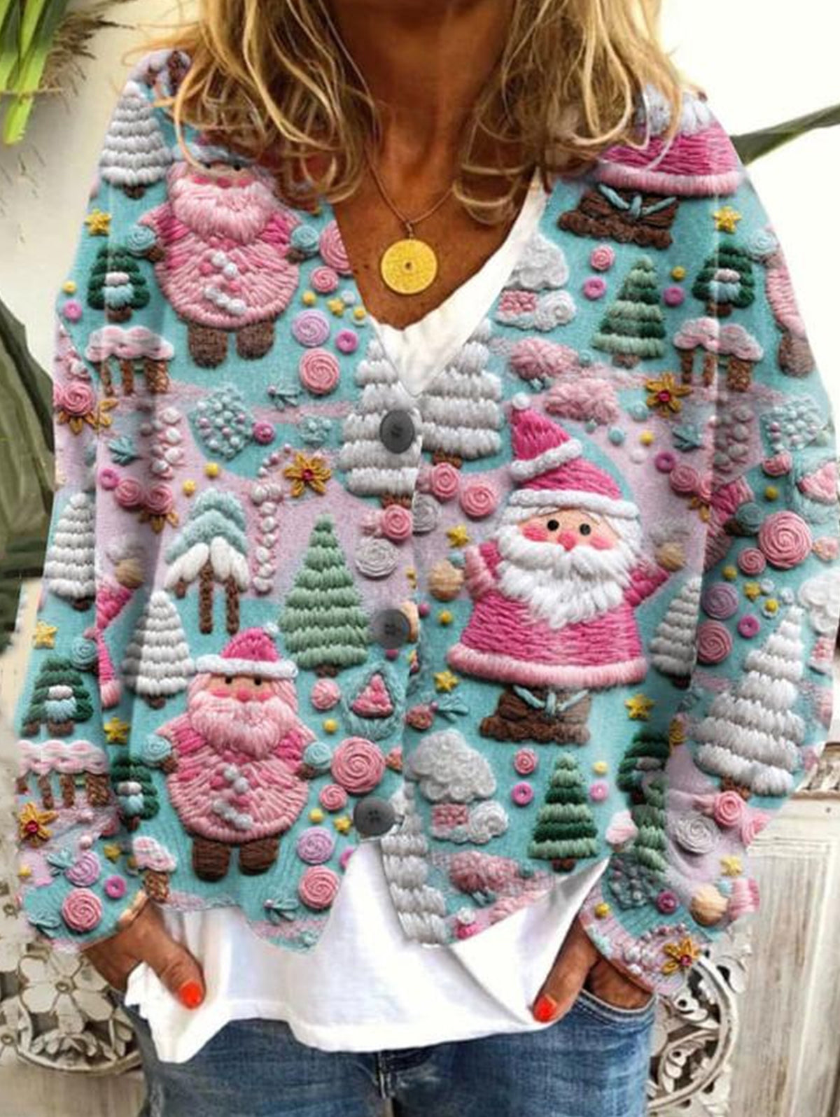 Casual Floral Pattern Three Button Knit Sweater Cardigan