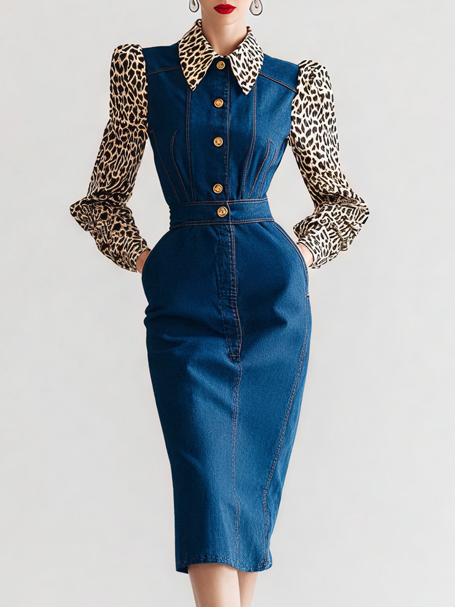 Ursiime Business Casual Blue Leopard Shirt Collar Long Sleeve Contrast Casual Pocket Denim Two Piece Skirt Sets