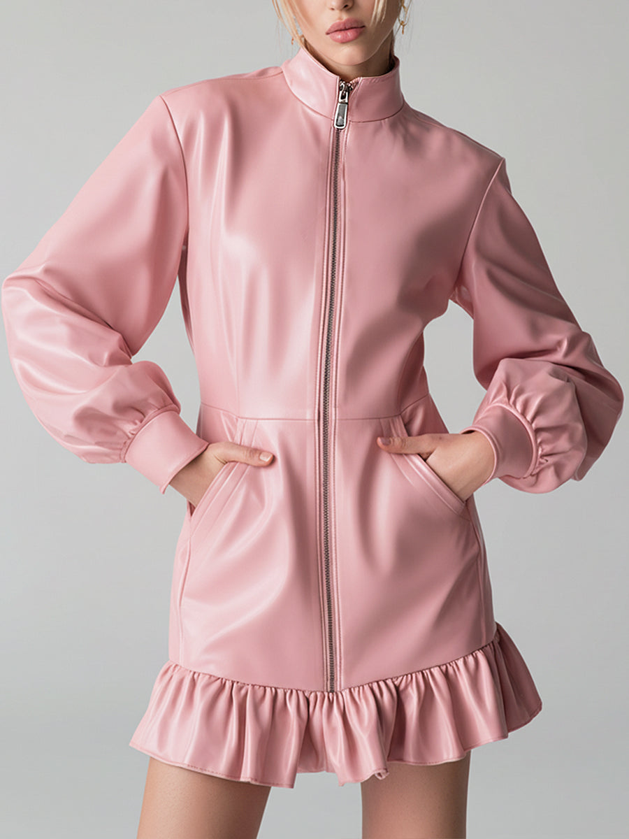 Ursiime Daily Pink High Collar Lantern Sleeve Long Sleeve Ruffle Casual Pocket PU Leather Mini Dresses
