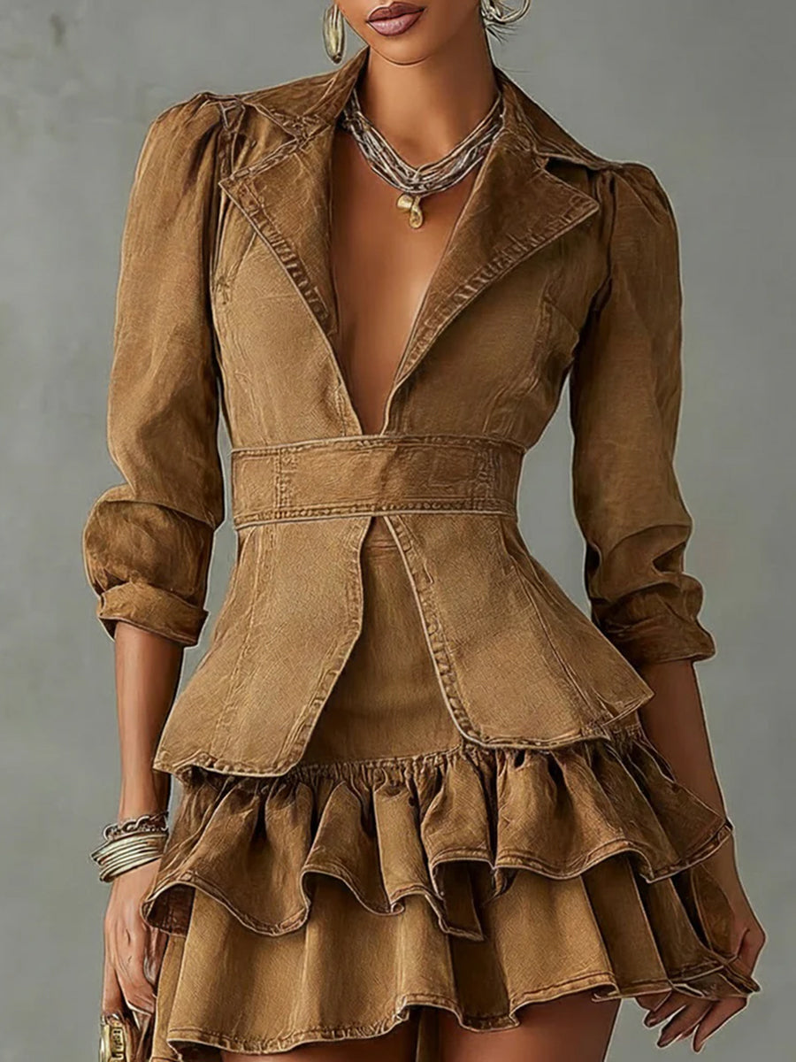 Ursiime Daily Brown Turndown Collar Long Sleeve Ruffle Vintage Denim Mini Dresses [Pre-Order]