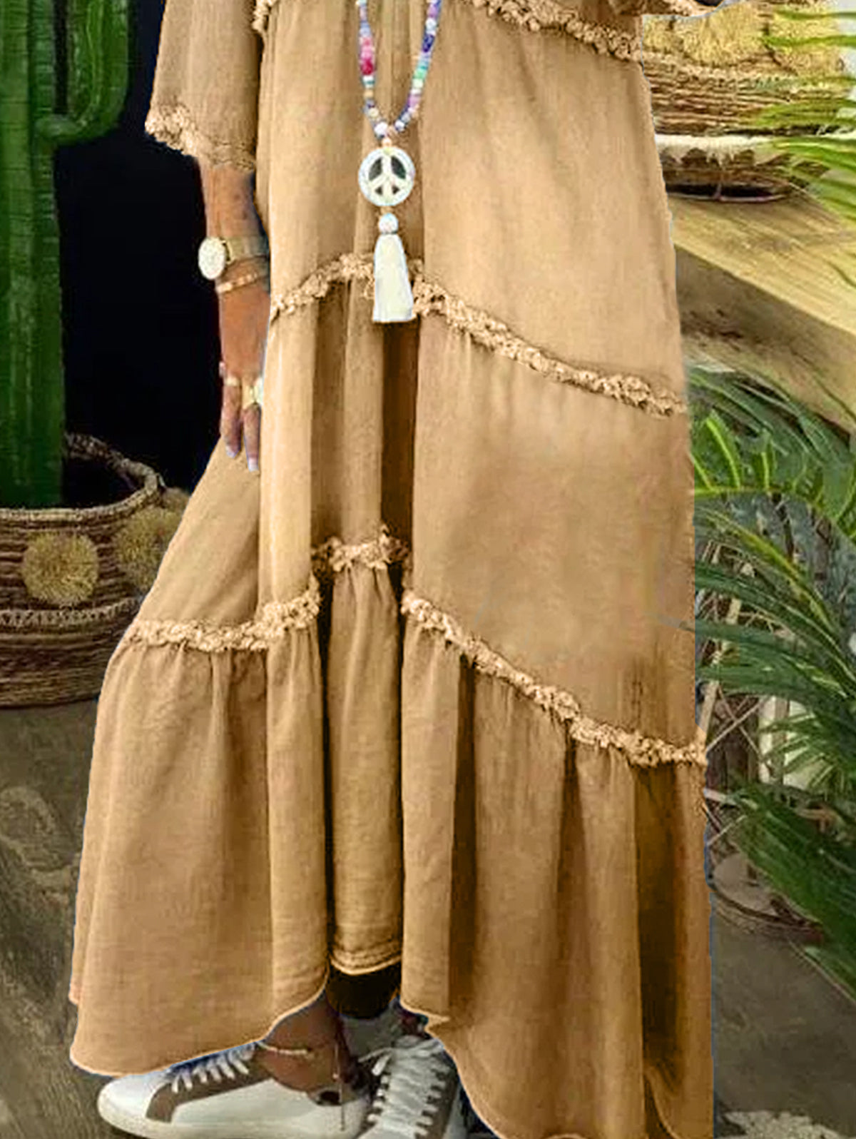 Ursiime V Neck Tiered 3/4 Sleeve Raw Edge Maxi Dress