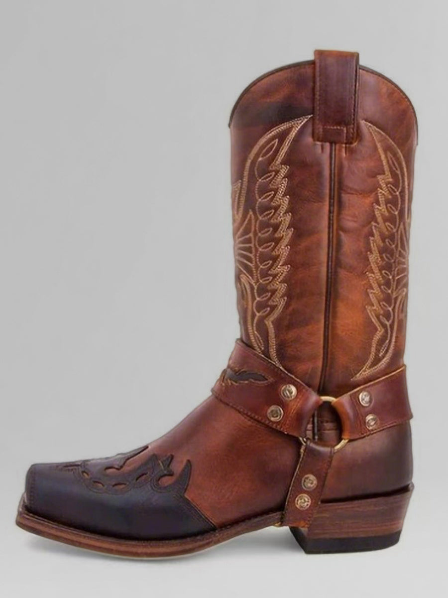 Western Brown PU Leather Embroidered Buckle Strap Square Toe Side Zipper Boots