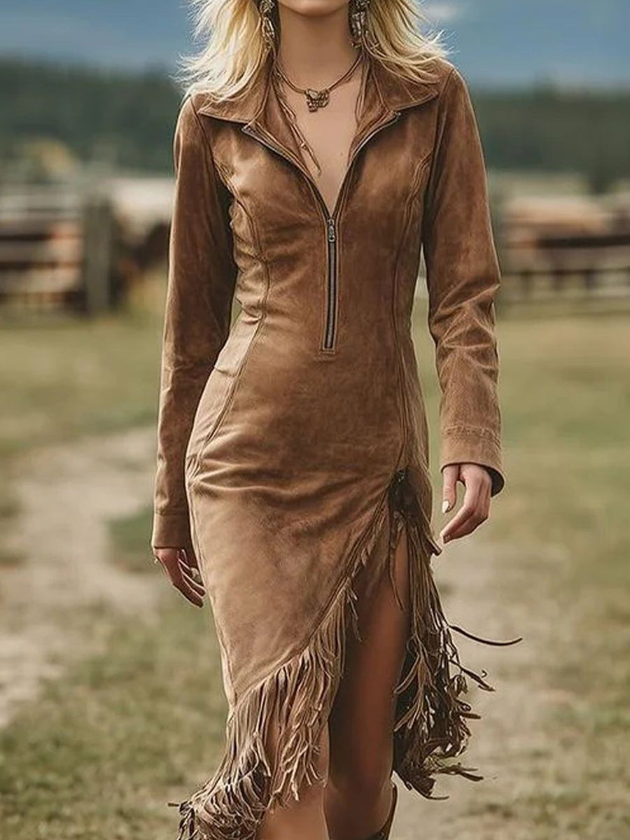 Western Dark Brown Suede Half Zip Long Sleeve Fringe Slit Hem Midi Dress