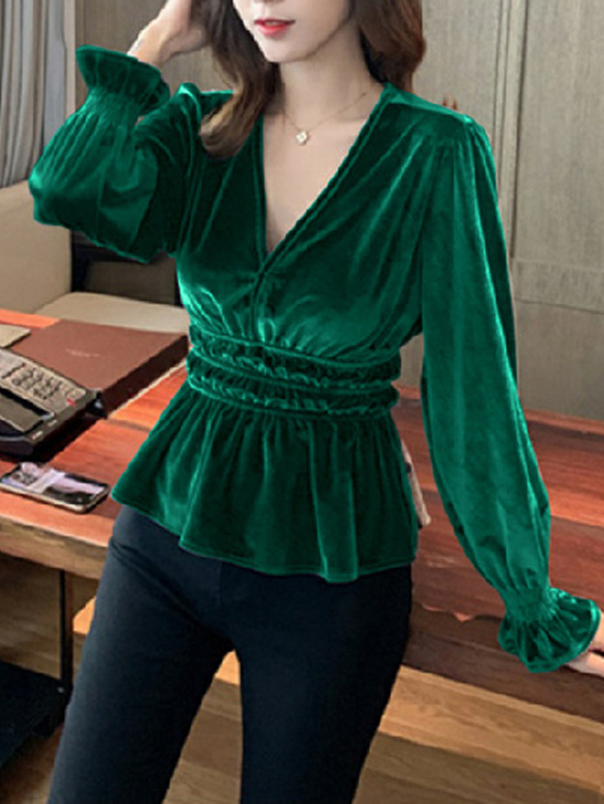 Elegant V Neck Long Sleeve Ruffle Peplum Velvet Blouse