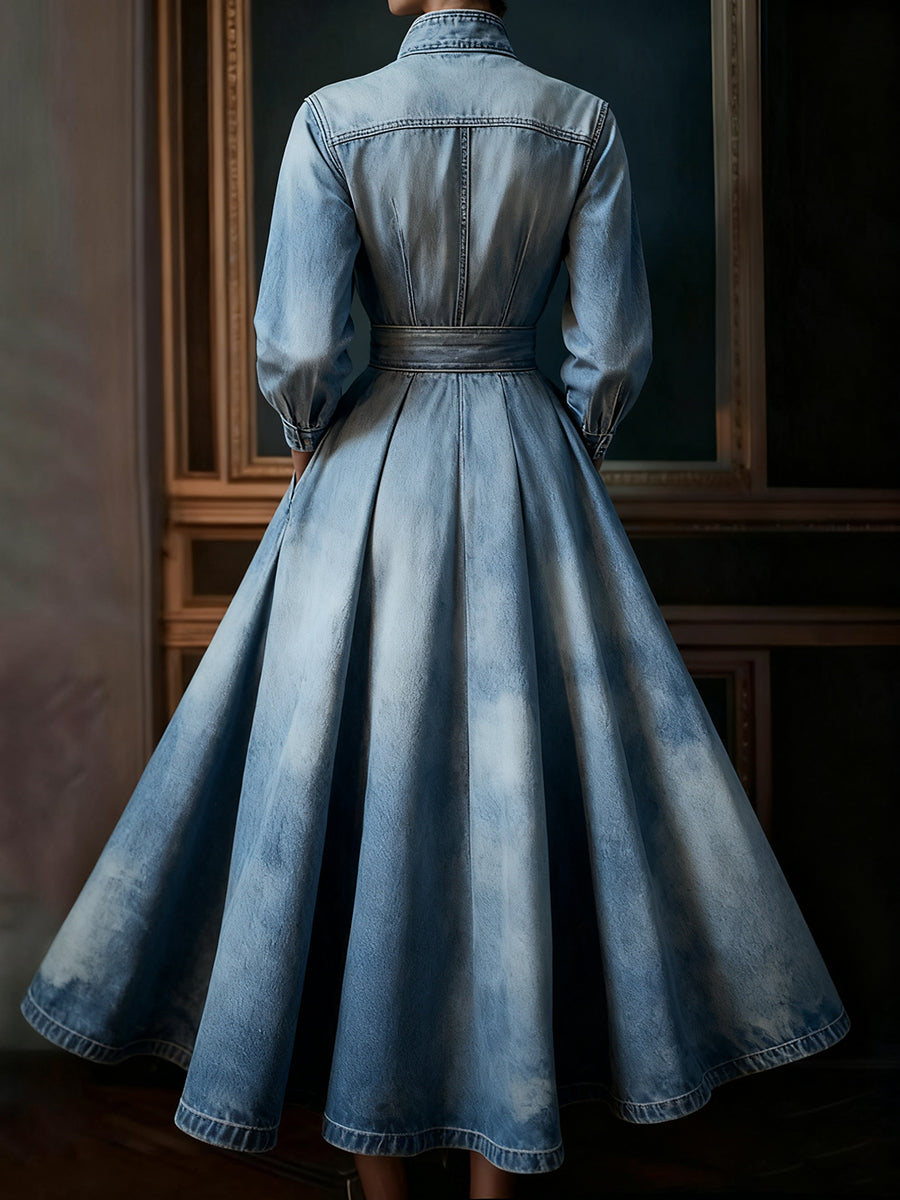Ursiime Light Blue Denim Stand Collar Long Sleeve Pocket Pleated Belt Maxi Dress