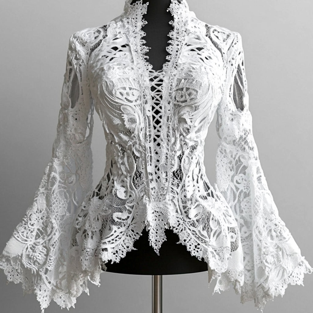Ursiime Lace Hollow Out Flare Sleeve Lace-Up Blouse