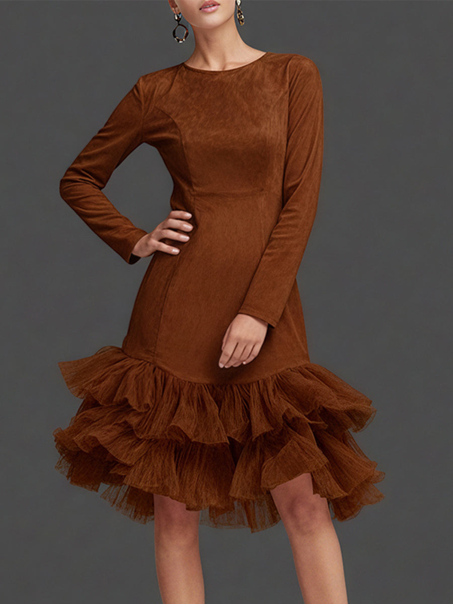 Ursiime Party Brown Round Neck Long Sleeve Ruffle Western Tiered Mini Dresses [Pre-Order]