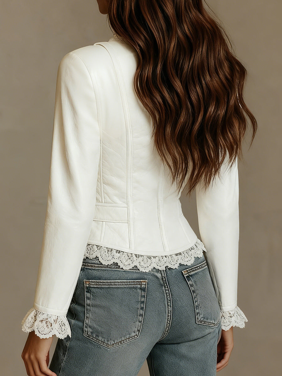 Ursiime Vintage White PU Leather Lace Trim Deep V Neck Button Long Sleeve Cropped Jacket