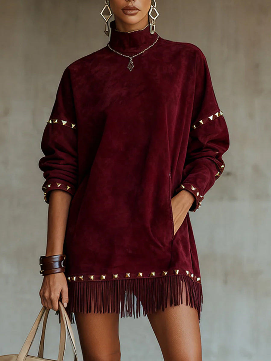 Ursiime Festival Burgundy High Collar Long Sleeve Studded Western Pocket Chamois Mini Dresses