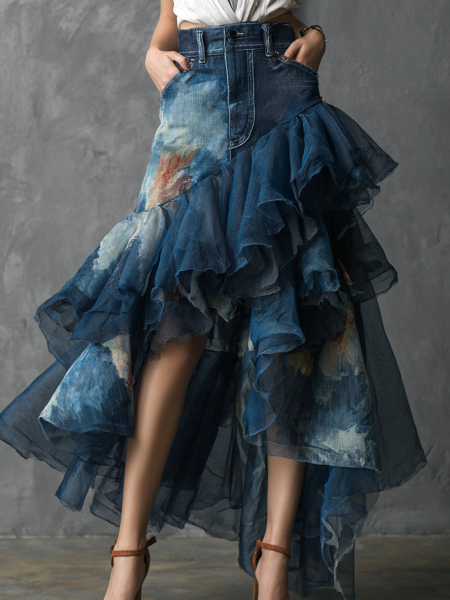 Ursiime Dark Blue Denim Printed Asymmetrical Ruffled Mesh Maxi Skirt
