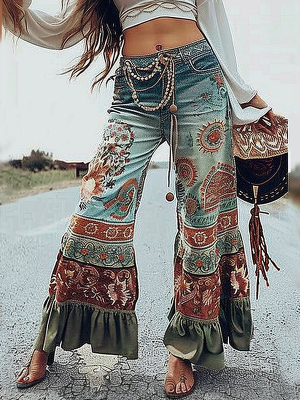 Ursiime Boho Print Ruffle Hem Flare Pants