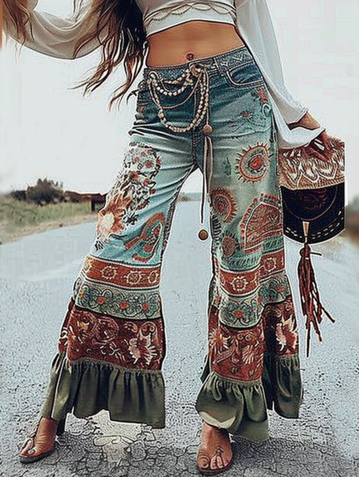 Ursiime Boho Print Ruffle Hem Flare Pants