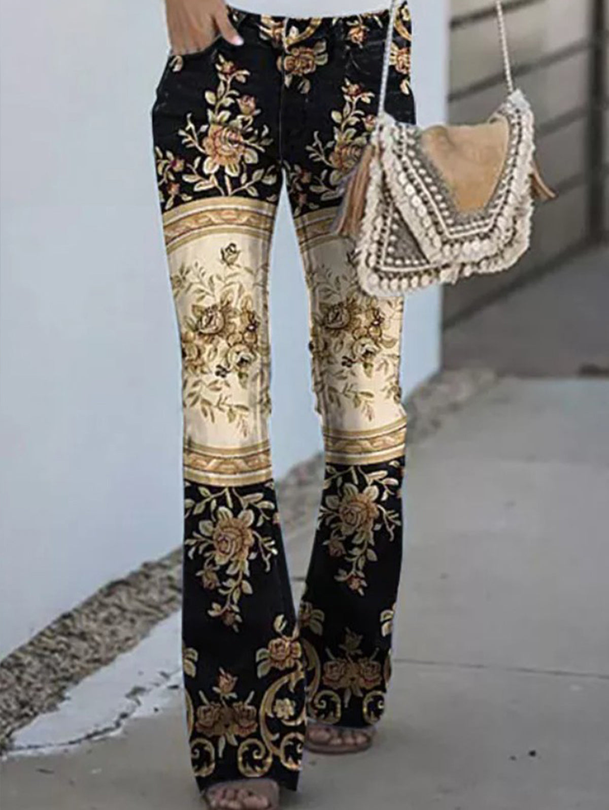 Vintage Allover Pattern High Waist Slant Pocket Flare Leg Pants