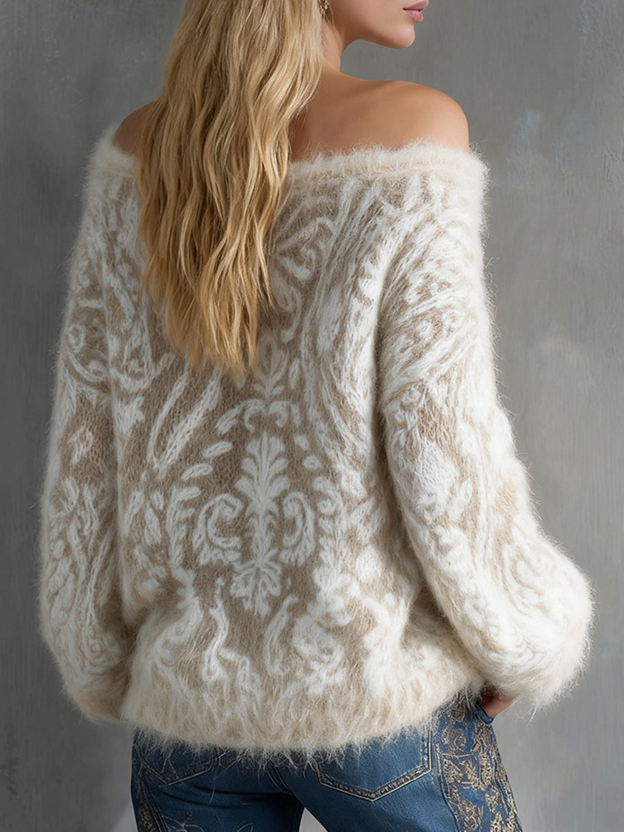 Ursiime Off Shoulder Flare Sleeve Floral Pattern Plush Trim Sweater