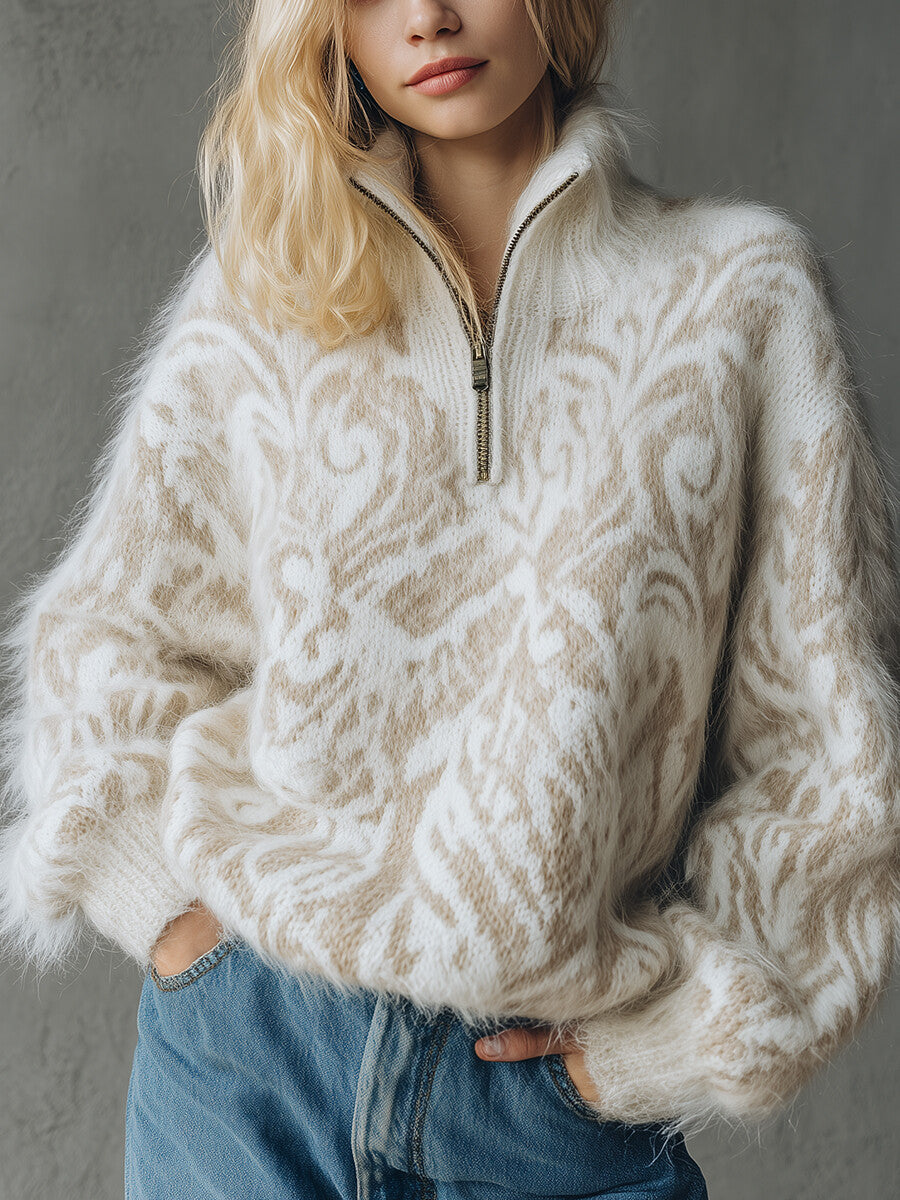 Ursiime Beige Fuzzy Knit Jacquard Stand Collar Half-Zip Long Sleeve Sweater