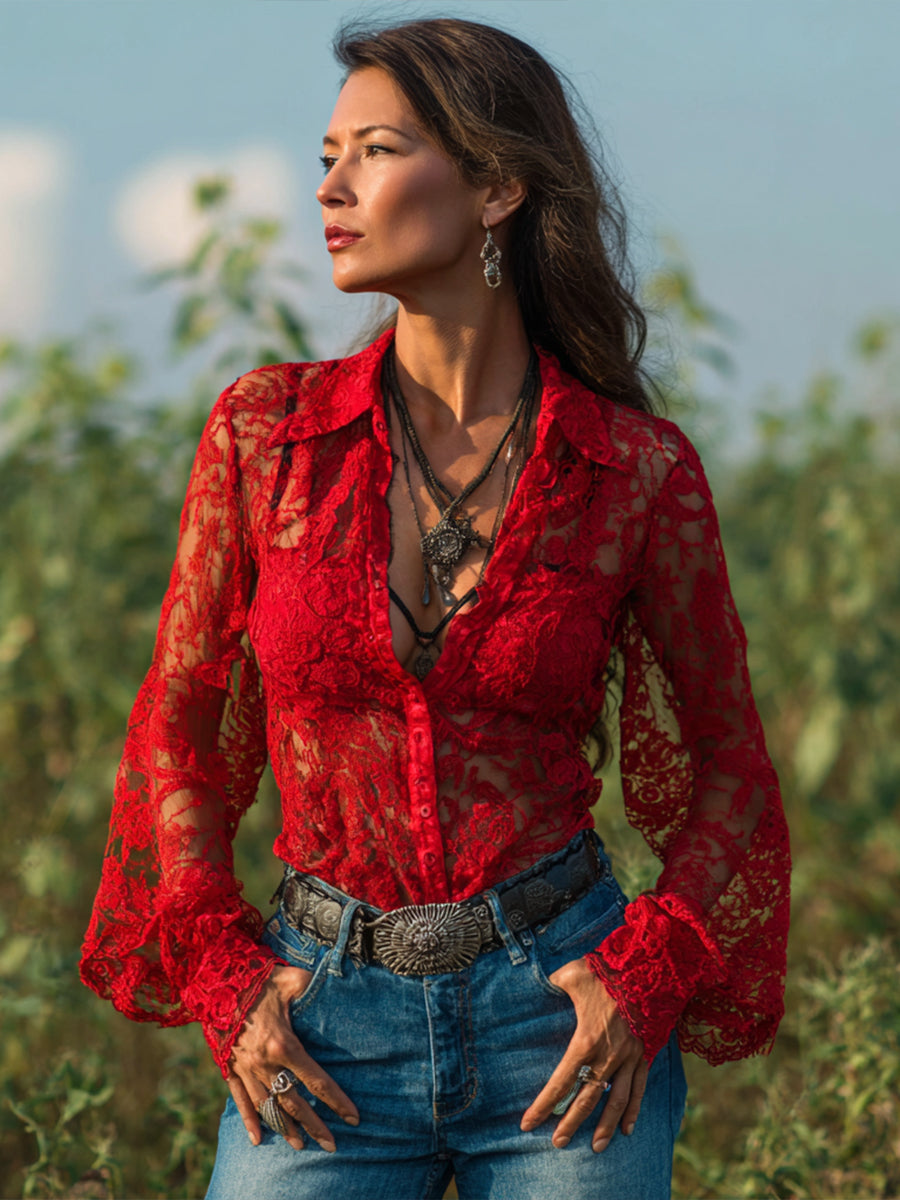 Ursiime Western Red Lace See-Through Lantern Sleeve Button Blouse