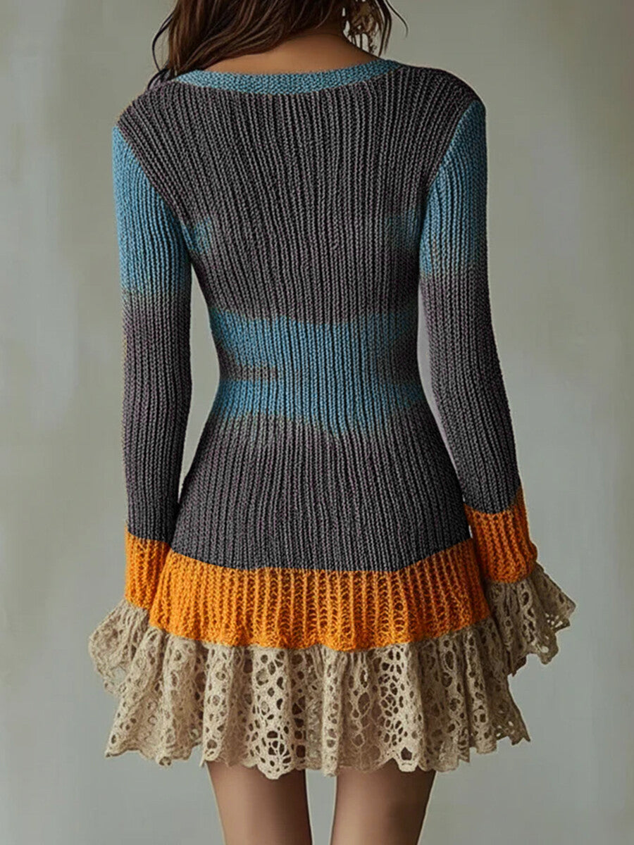 Deep V Neck Long Sleeve Colorblock Lace Hem Knit Mini Dress