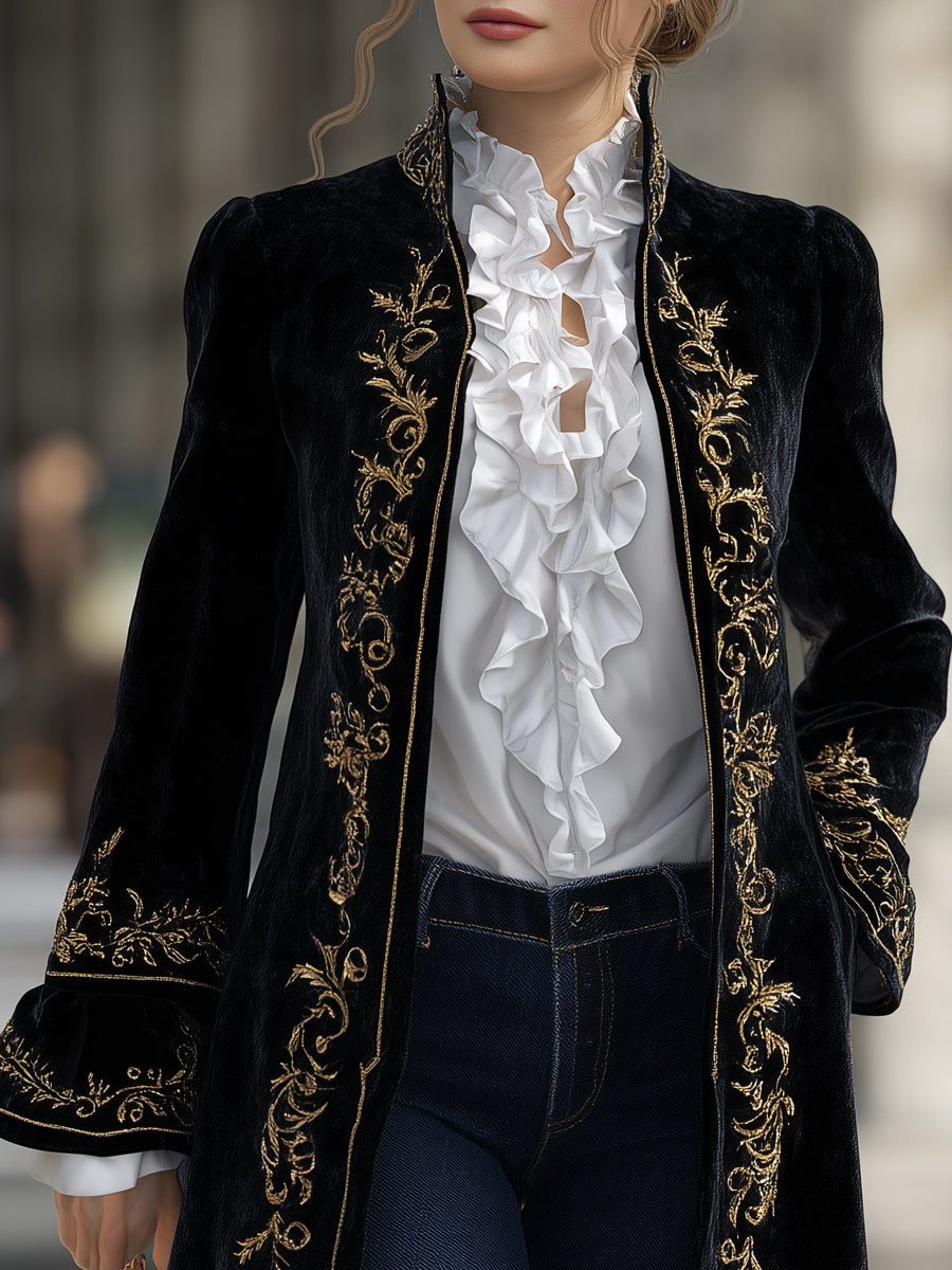 Ursiime Vintage Black Velvet Floral Embroidery Flare Sleeve Long Coat