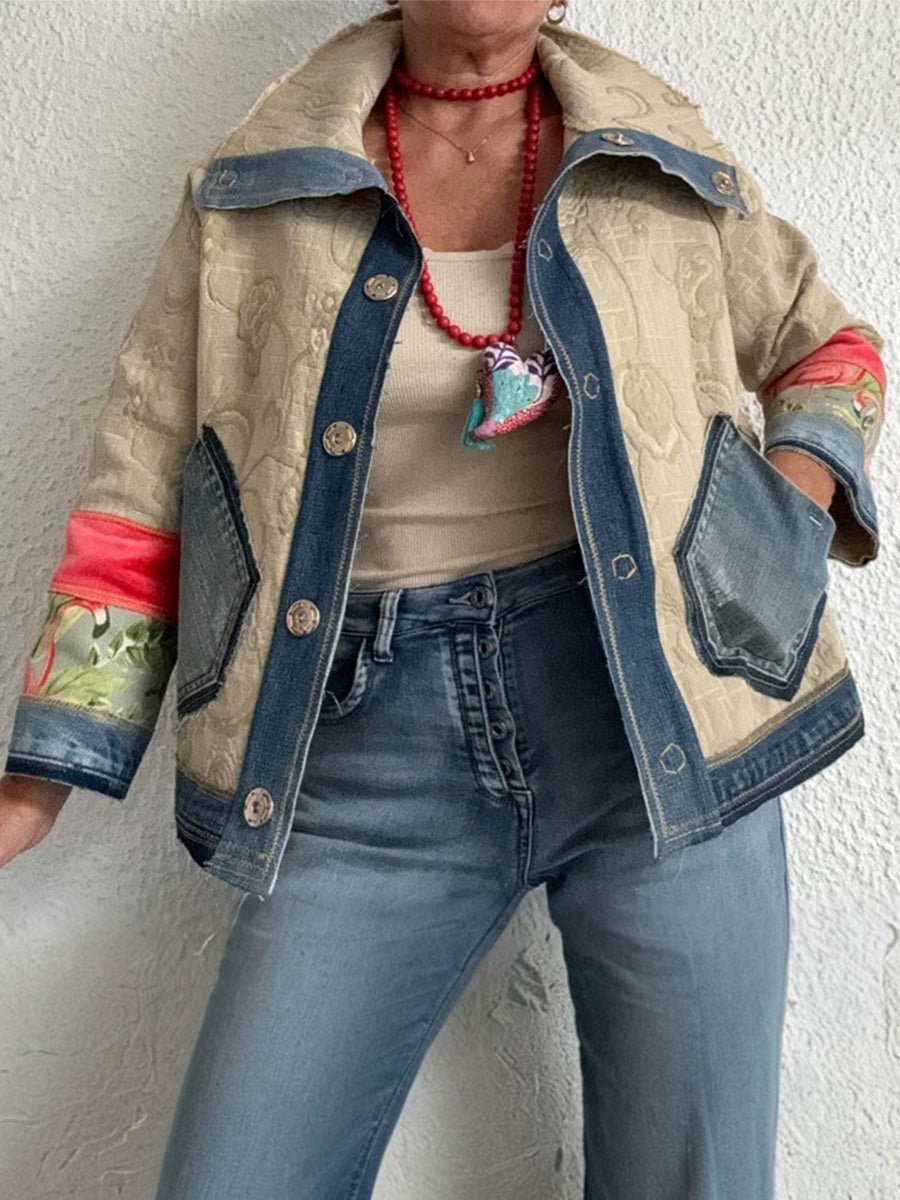 Ursiime Daily Blue Shirt Collar Long Sleeve Contrast Casual Pocket Denim Jacket