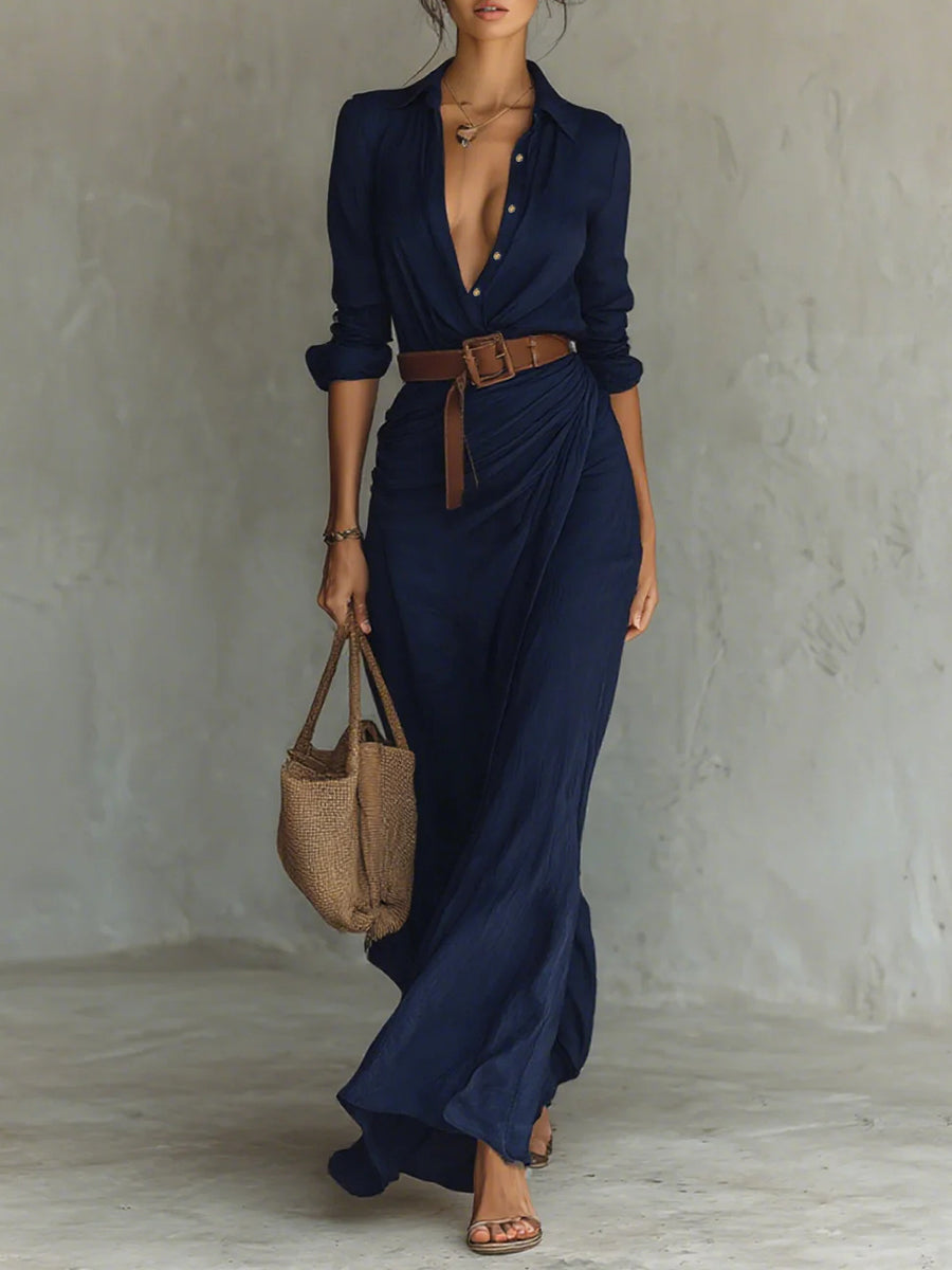 Deep V Neck Shirt Collar Long Sleeve Belted Draped Maxi Dress