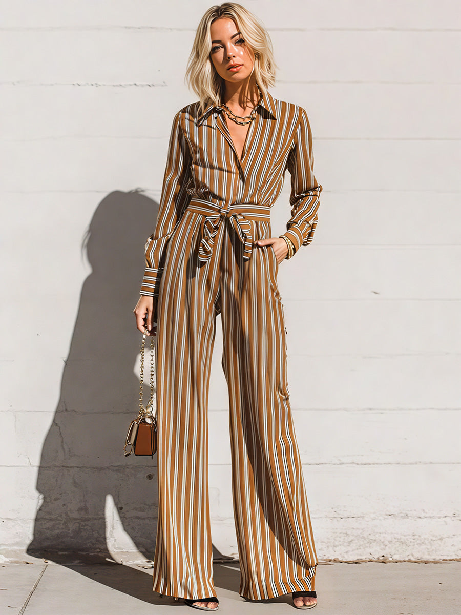 Ursiime Business Casual Brown Striped Shirt Collar Long Sleeve Wrap Casual Pocket Jumpsuits