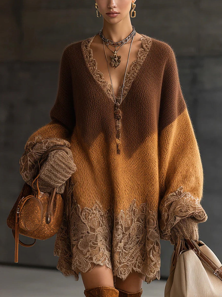 Ursiime Party Lace Brown Colorblock V Neck Lantern Sleeve Long Sleeve Contrast Boho Knitted Mini Dresses