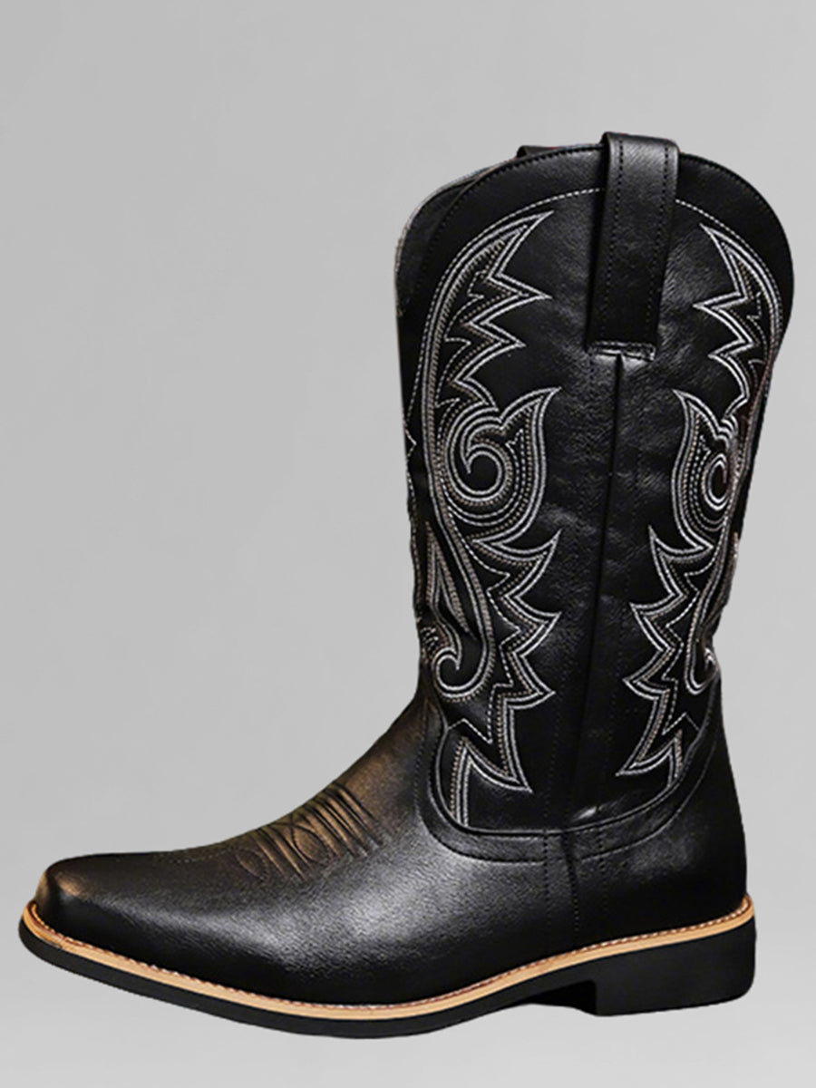 Retro Brown PU Leather Embroidered Square Toe Western Cowboy Boots