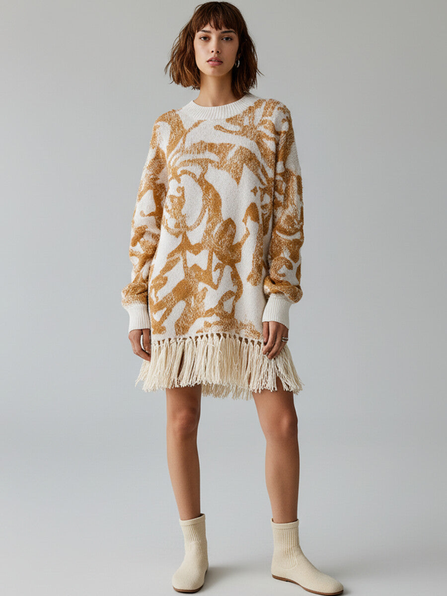 Ursiime Daily Gold All Over Print Round Neck Long Sleeve Strappy Casual Crochet Mini Dresses [Pre-Order]