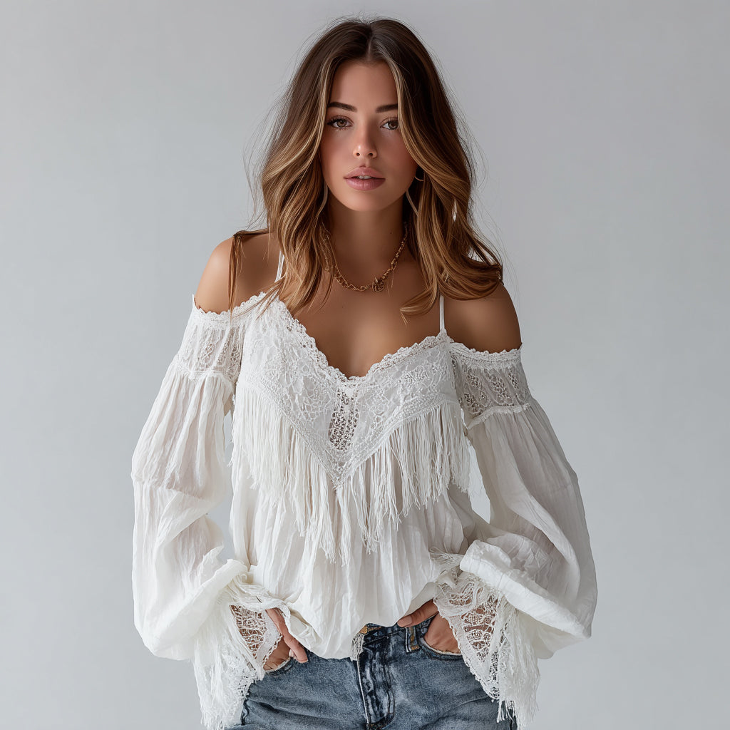 Ursiime Boho Lace Fringe Cold Shoulder Lantern Sleeve Blouse