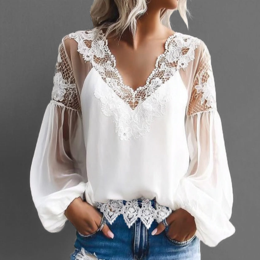 Ursiime Hollow Lace V Neck Lantern Sleeve Blouse