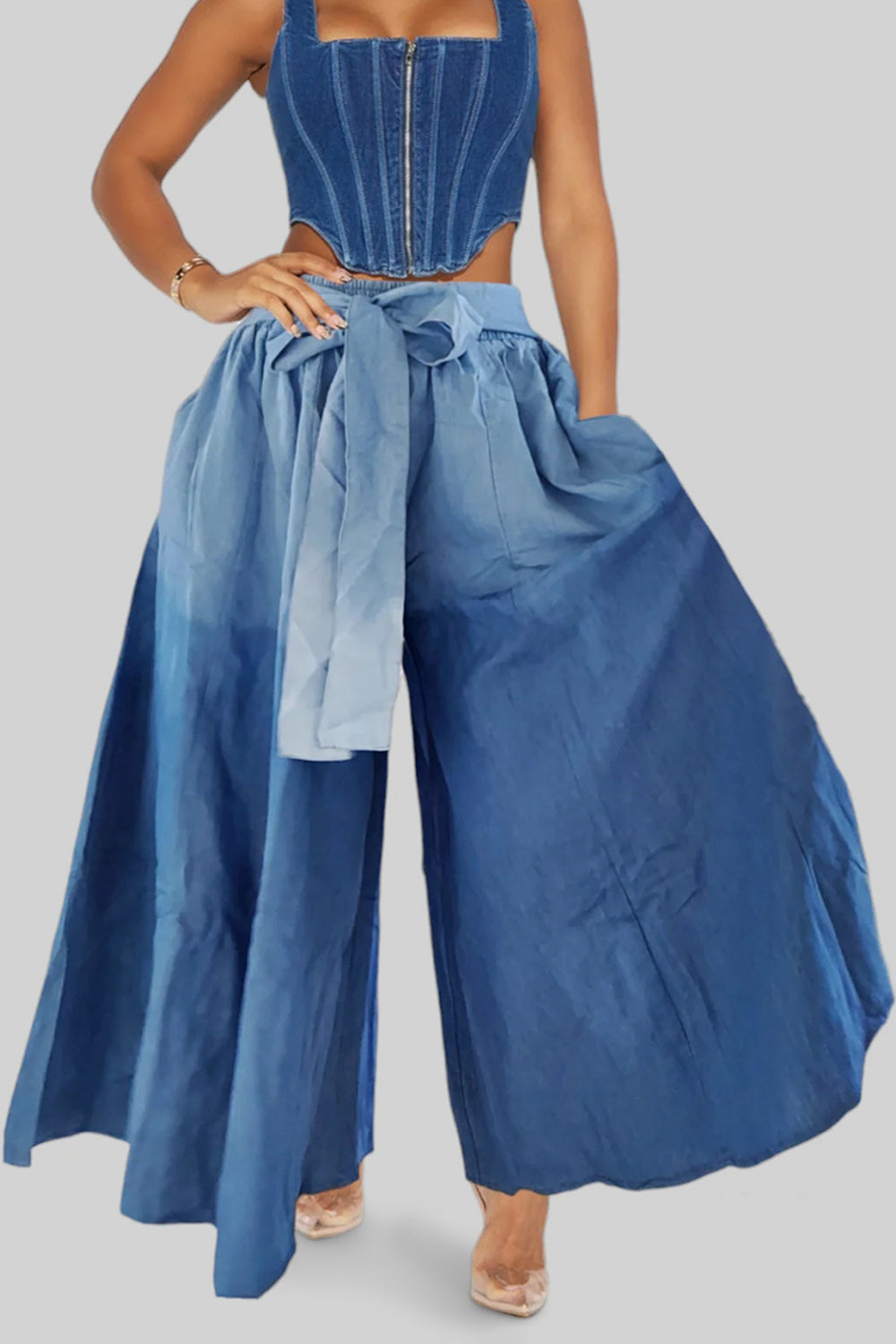 Ursime Design Business Casual Blue Gradient Wide Leg Casual Wrap Pants [Pre-Order]