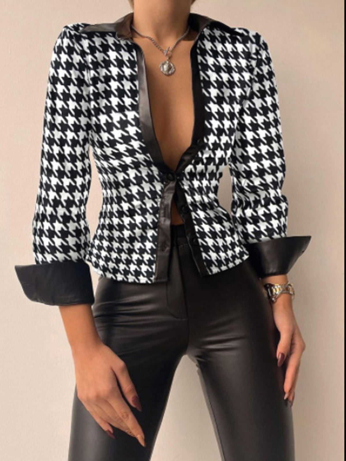 Casual PU Leather Shirt Collar Button Long Sleeve Blouse