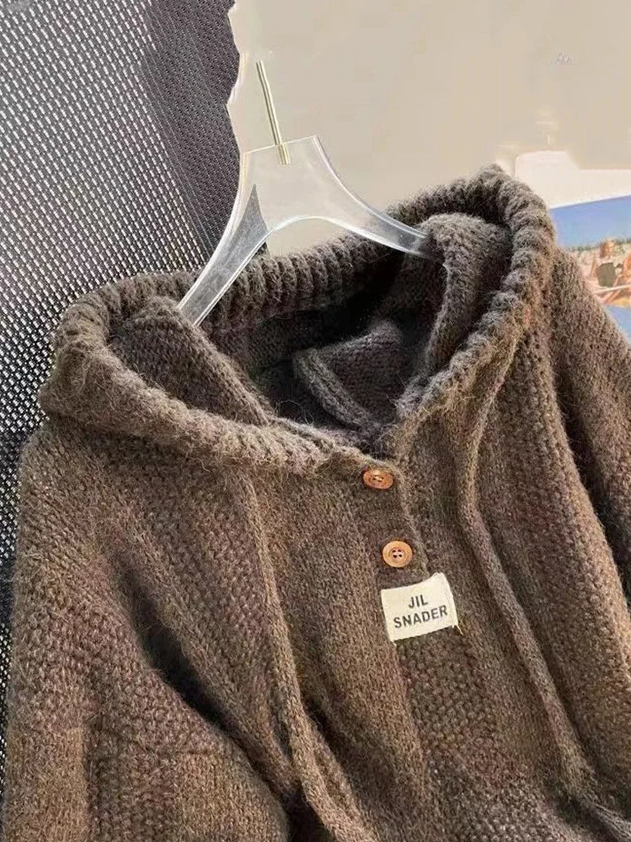 Casual Apricot Knitted Long Sleeve Half Button Drawstring Hooded Sweater