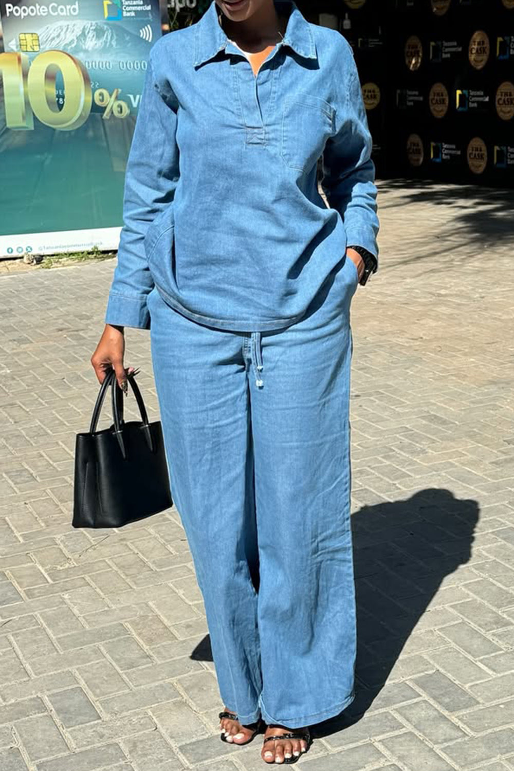 Ursiime Design Business Casual Blue Shirt Collar Long Sleeve Pocket Casual Tencel Denim Two Piece Pant Sets [Pre-Order]