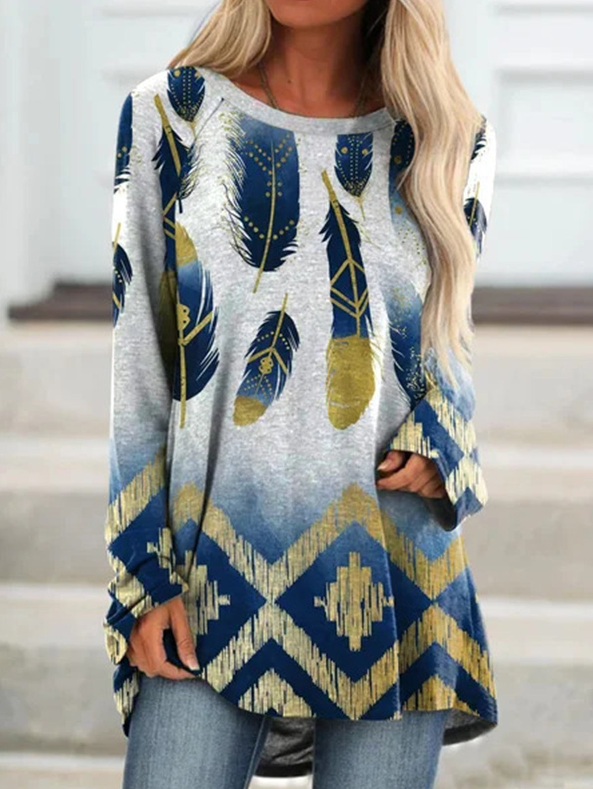 Ethnic Retro Print Crew Neck Long Sleeve T-Shirt
