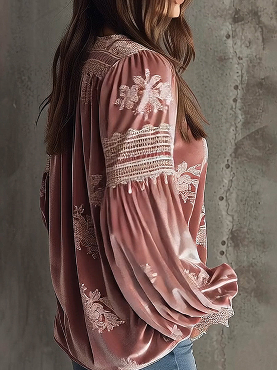 Casual Velvet Lace Trim Floral V Neck Lantern Sleeve Blosue
