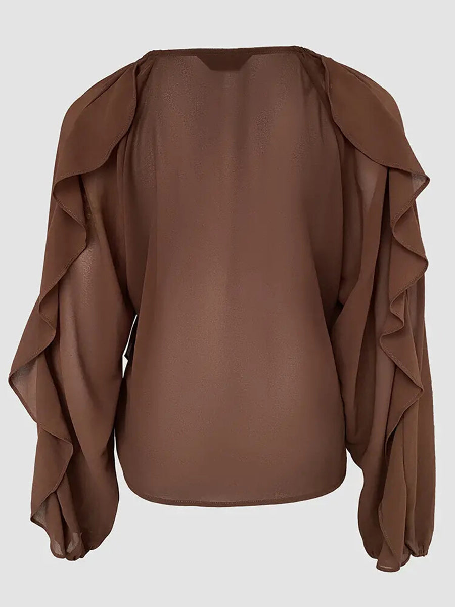 Daily Brown V Neck Long Sleeve Ruffle Casual Chiffon Blouses