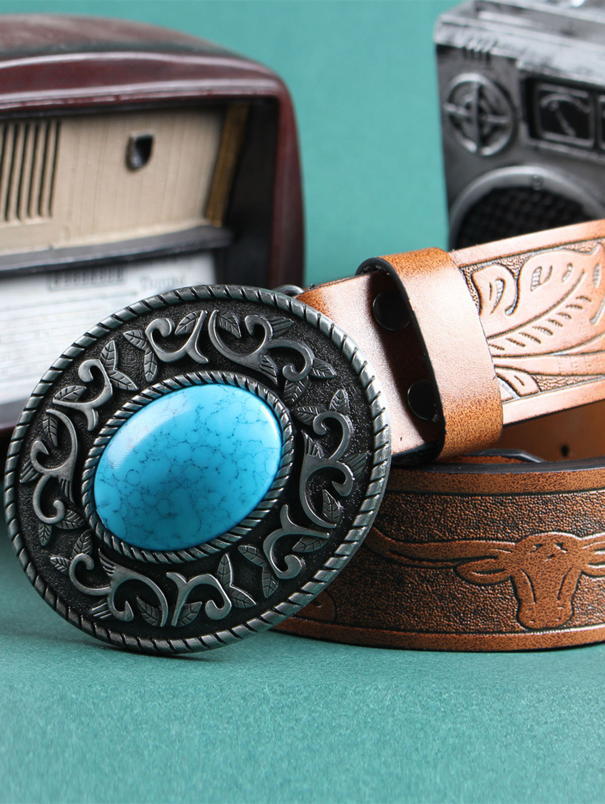 Retro Resin Imitation Gemstone Embossed Belt