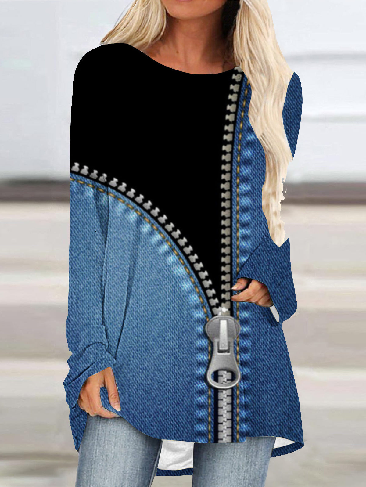 Crew Neck Long Sleeve Denim Pattern Mid-length Blouse