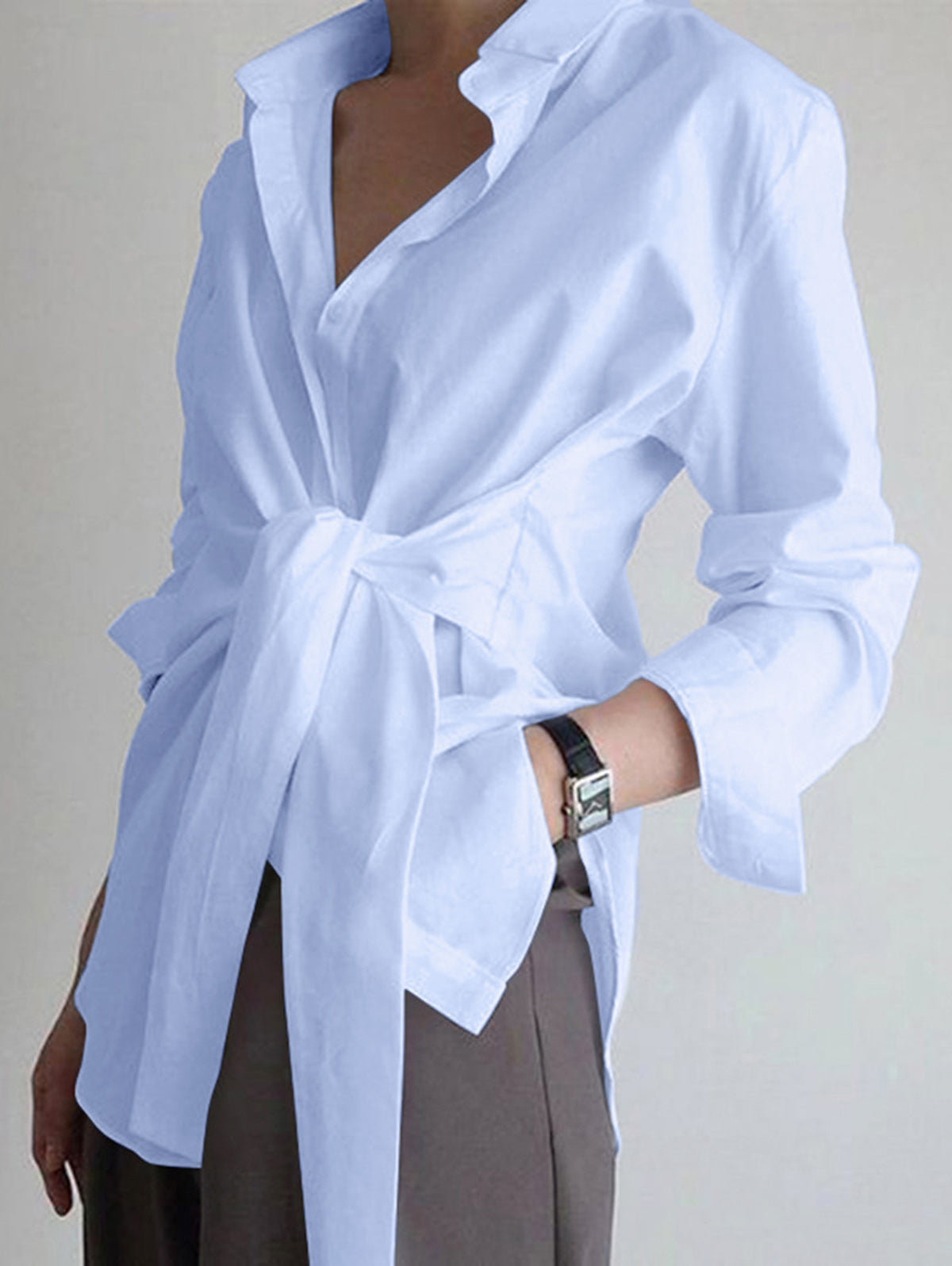 Daily Shirt Collar Front Lace Up Long Sleeve Blouse