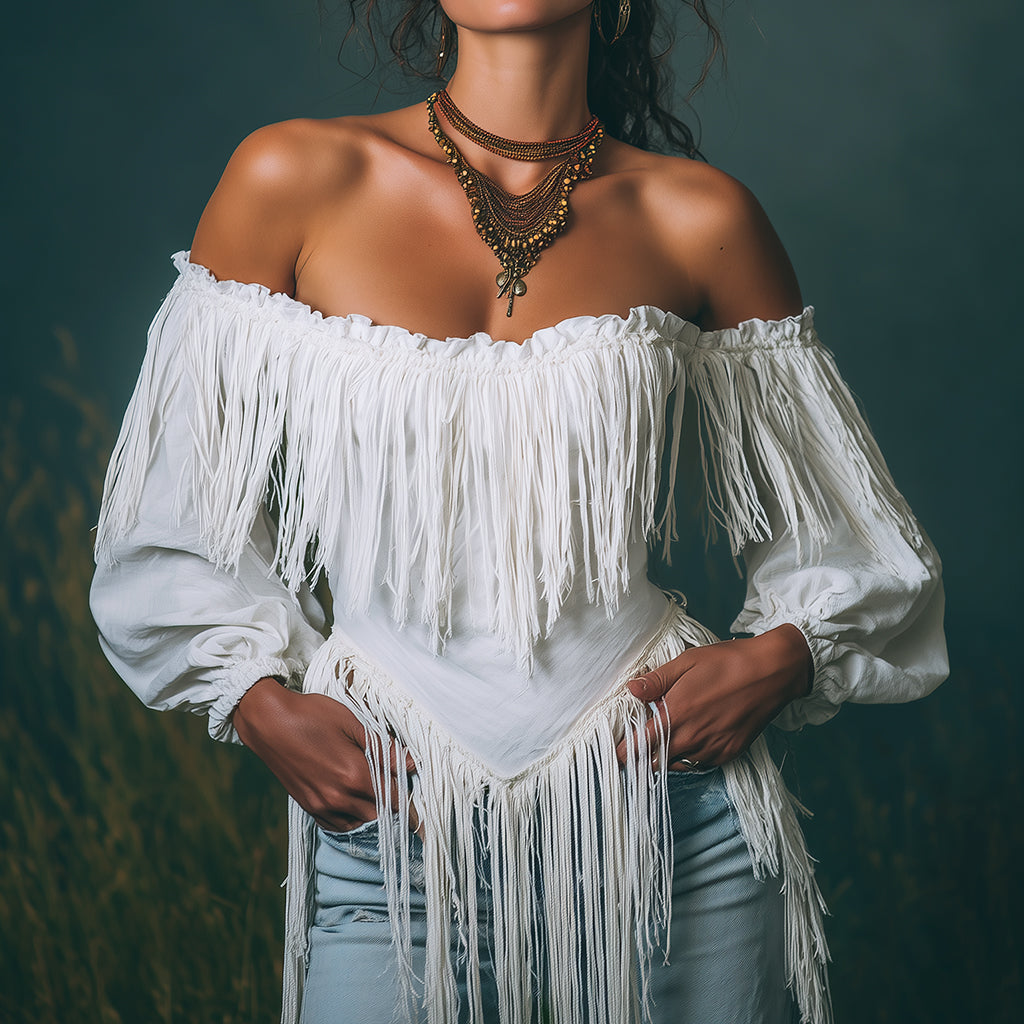 Ursiime Ruffle Off Shoulder Irregular Fringe Lantern Sleeve Blouse