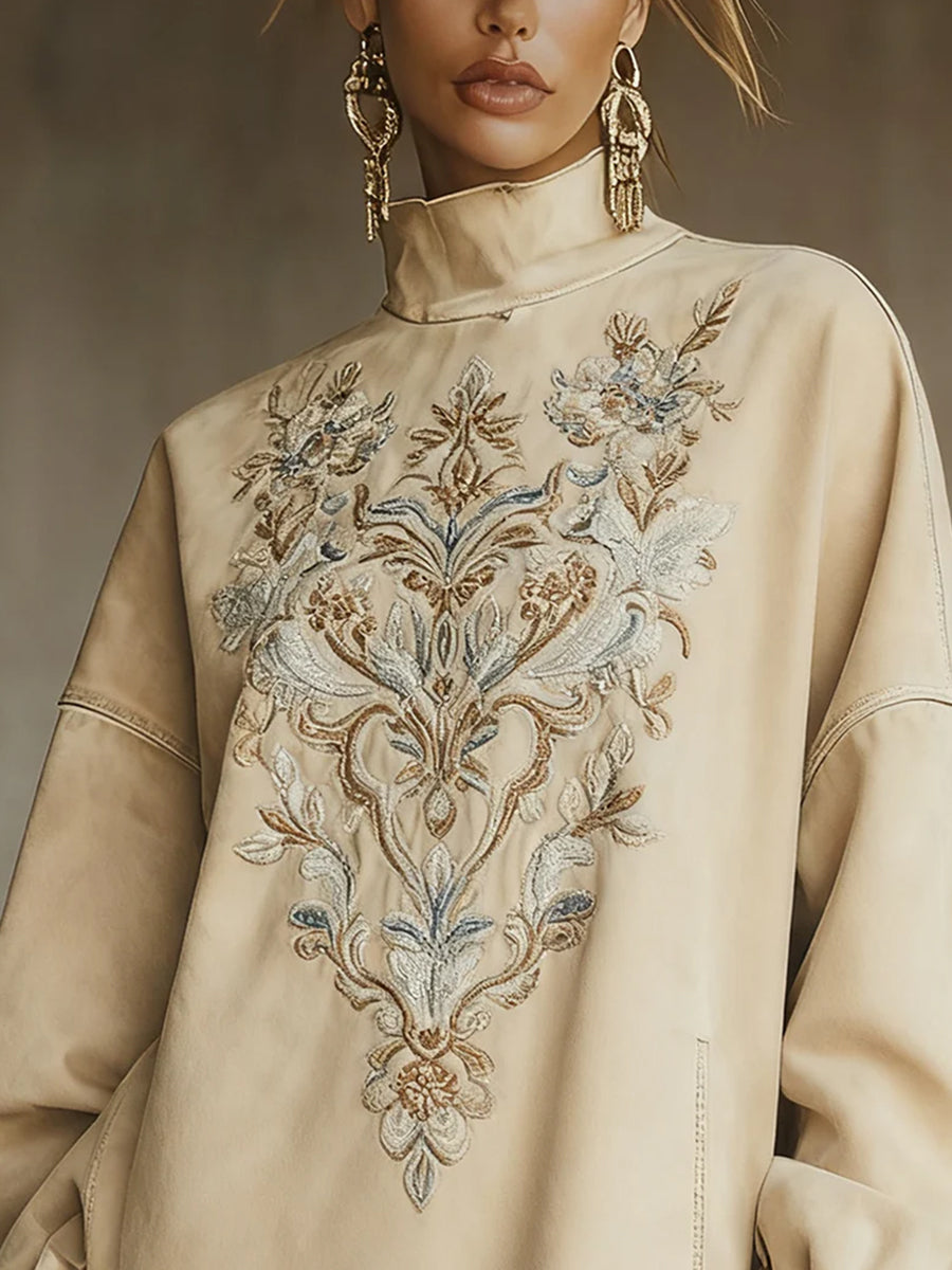 Ursiime Festival Beige High Collar Long Sleeve Embroidery Western Pocket Chamois Mini Dresses