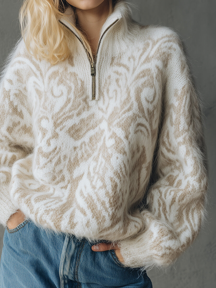Ursiime Beige Fuzzy Knit Jacquard Stand Collar Half-Zip Long Sleeve Sweater