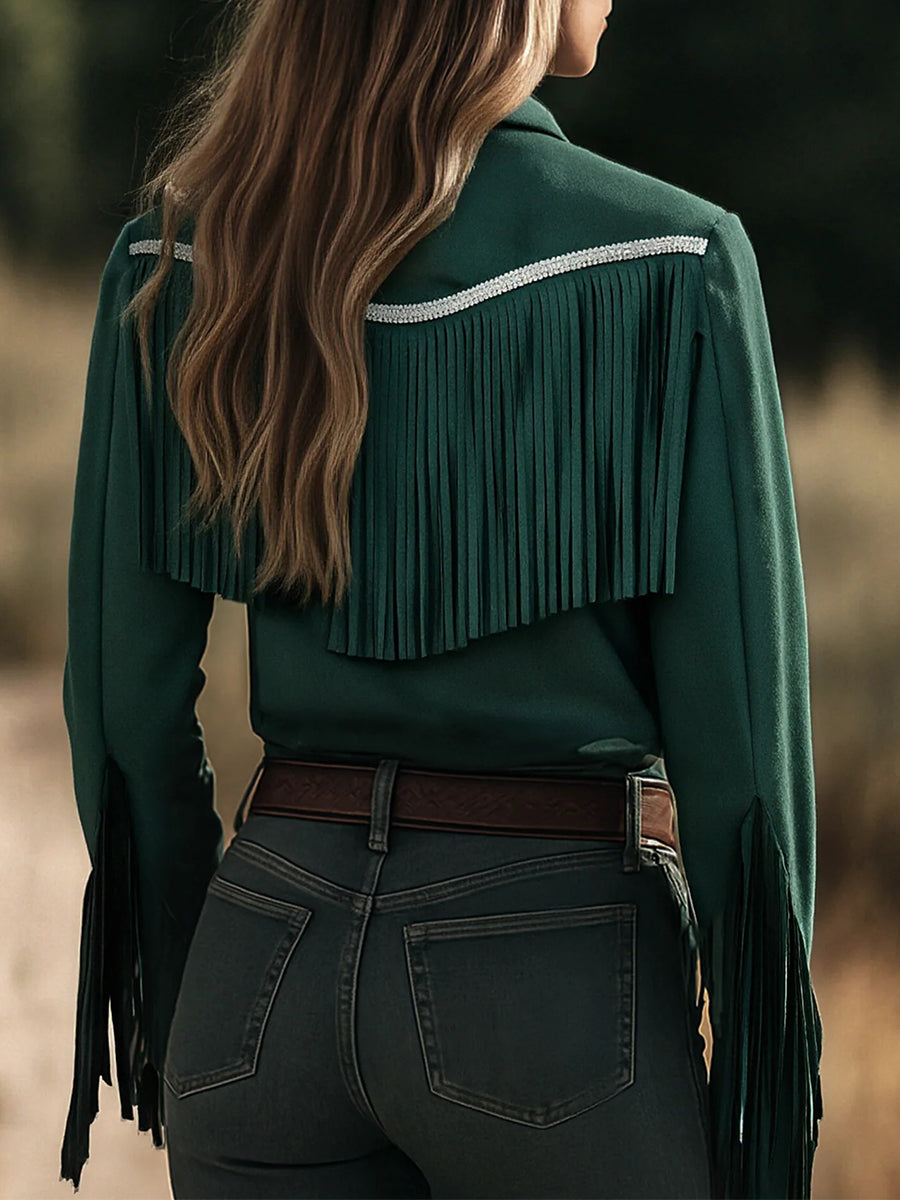 Ursiimes Festival Green Shirt Collar Long Sleeve Strappy Western Button Jacket [Pre-Order]