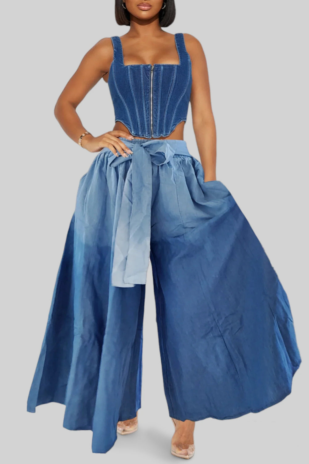 Ursime Design Business Casual Blue Gradient Wide Leg Casual Wrap Pants [Pre-Order]